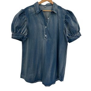 Denim Stretchy Distressed‎ Puff Sleeve Tunic Length Blouse size 2X